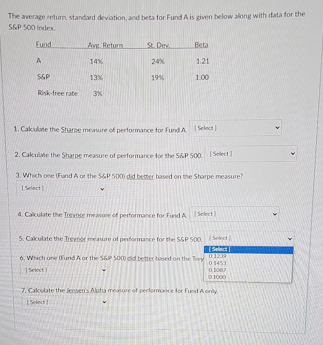 did better based on the Sharpe measure? 4. Calculate the Treynor measure
