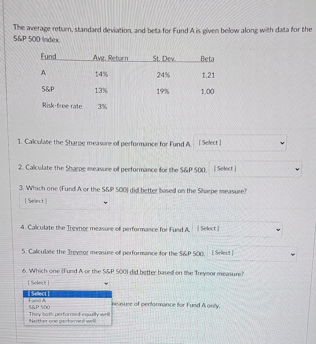 of performance for Fund A. 5. Calculate the Treynor measure of performance