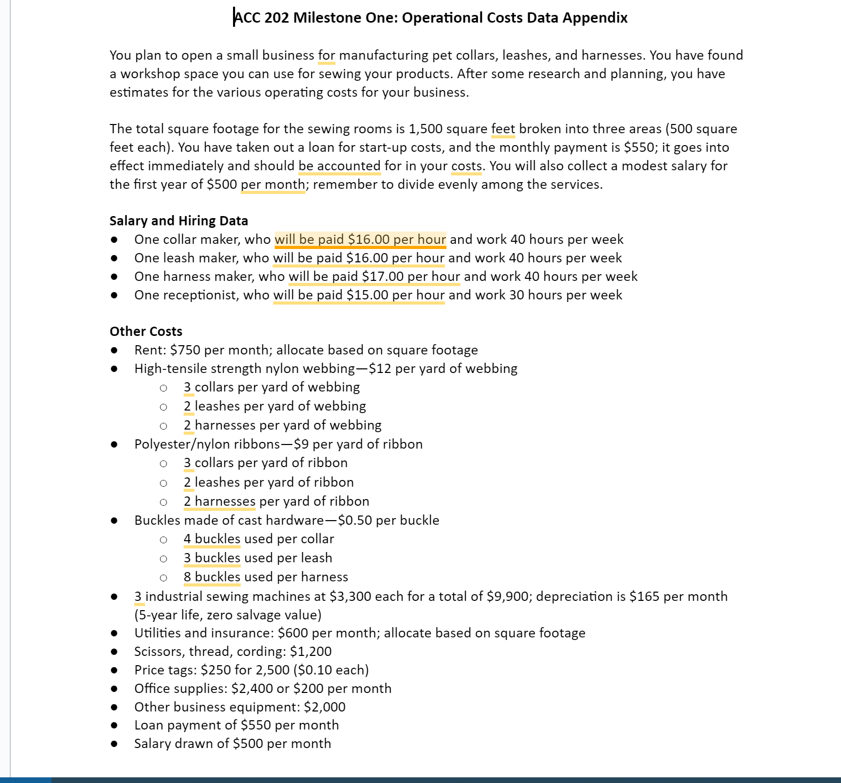  ACC 202 Milestone One: Operational Costs Data Appendix You plan to