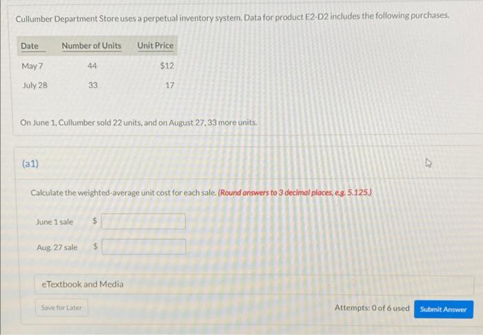  Cullumber Department Store uses a perpetual inventory system. Data for product