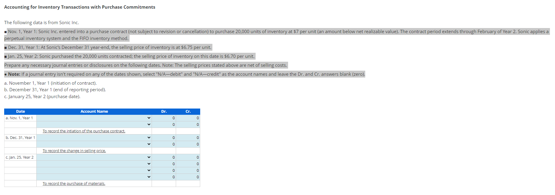 Please help Accounting for Inventory Transactions with Purchase Commitments The following data