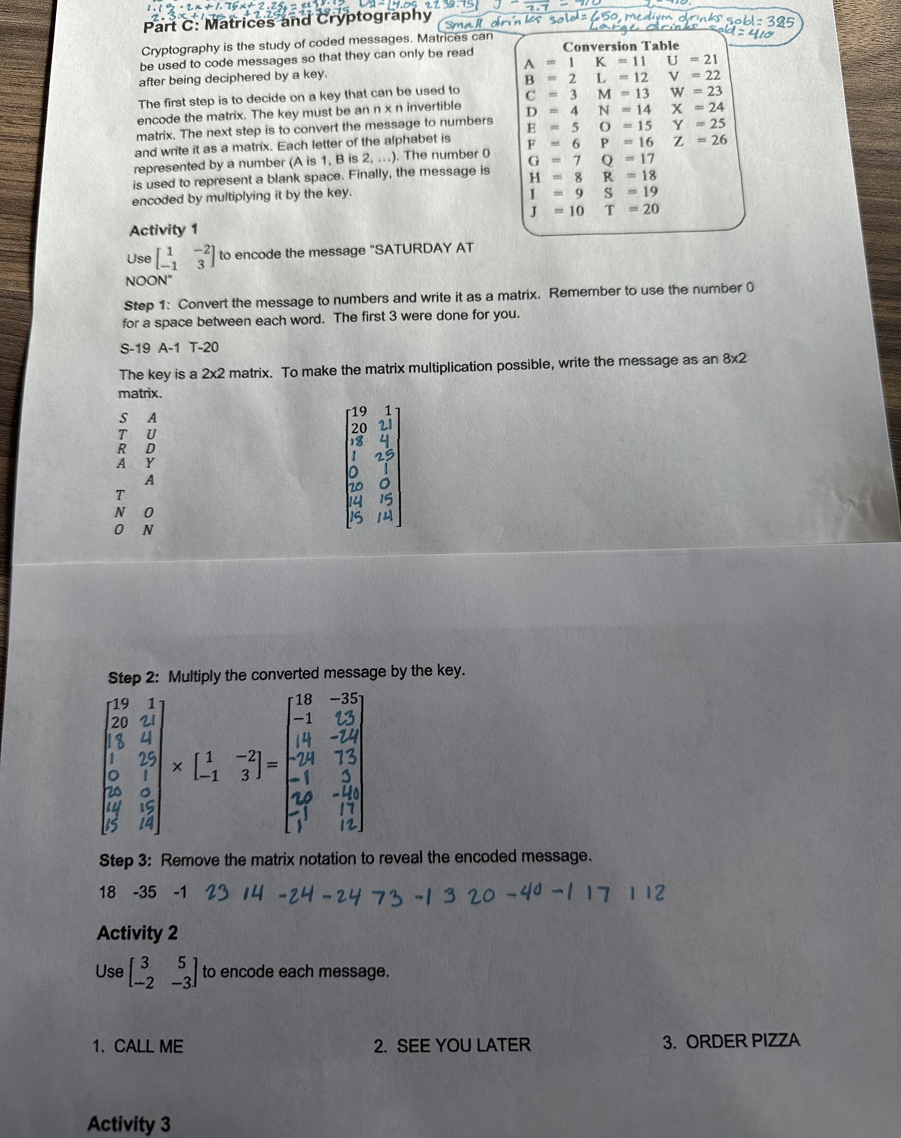  Part C: Matrices and Cryptograg. Matrices can Cryptogr to code messages