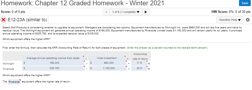 Homework: Chapter 12 Graded Homework - Winter 2021 Save Score: 0