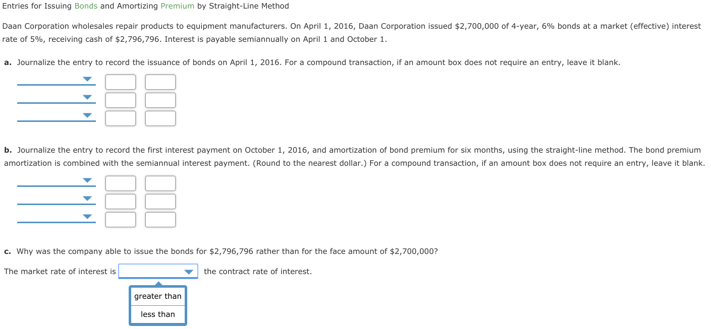 Entries for Issuing Bonds and Amortizing Premium by Straight-Line Method Daan