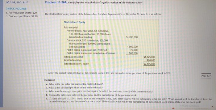  LO 11-2, 11-3, 11-7 Problem 11-26A Analyzing the stockholders' equity section