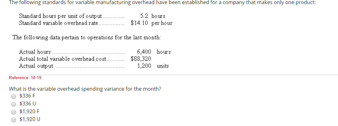 The following standards for variable manufacturing overhead have been established for
