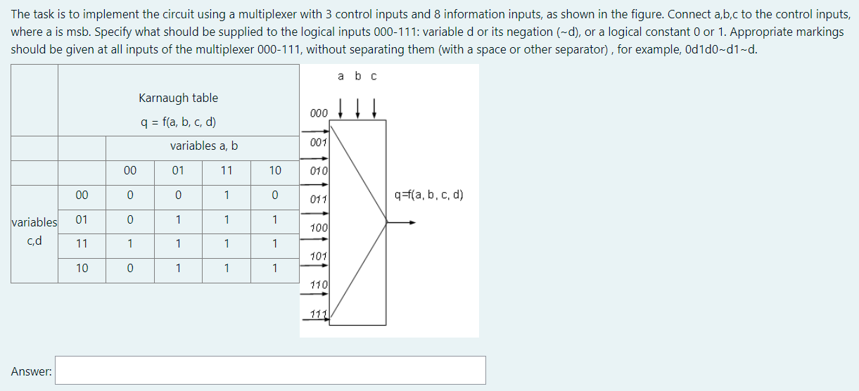  The task is to implement the circuit using a multiplexer with