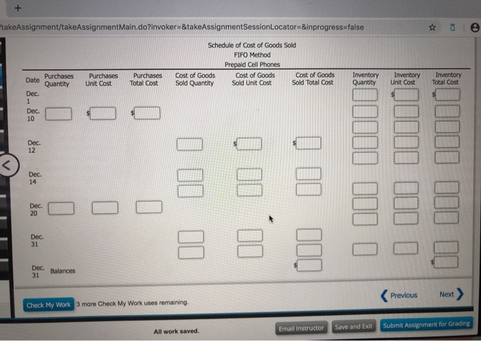 inventory, purchases, and sales data for prepaid cell phones for December are