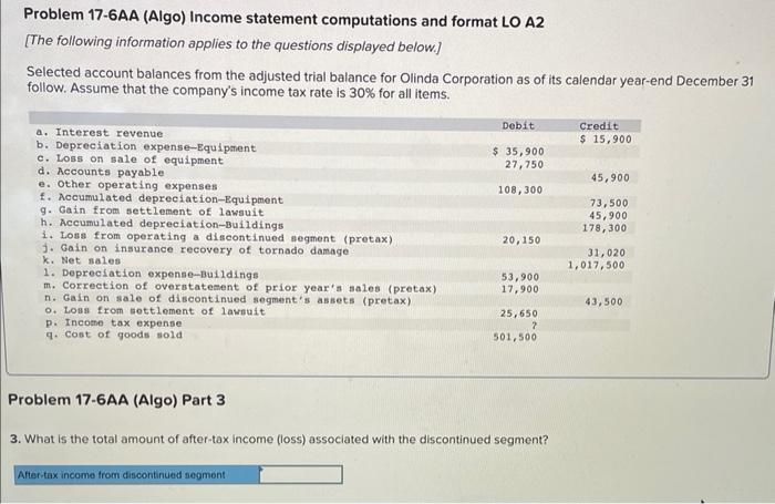 help! Problem 17-6AA (Algo) Income statement computations and format LO A2 [The