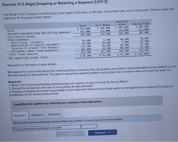  Exercise 11-2 (Algo) Dropping or Retaining a Segment [LO11-2] The Regal