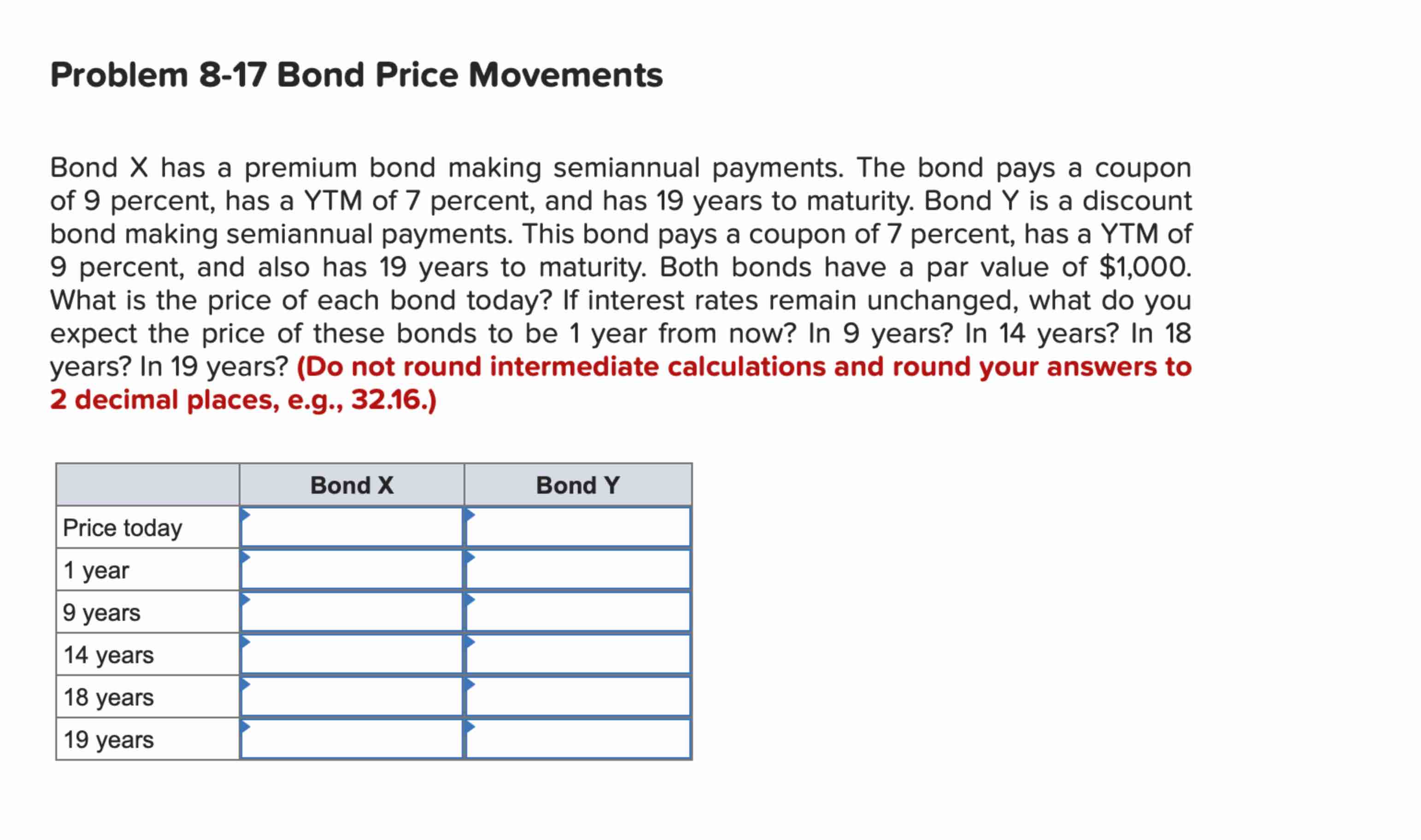  Problem 8-17 Bond Price Movements Bond x has a premium bond