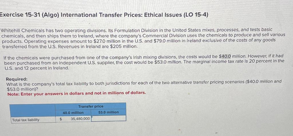 need help, please explain! Exercise 15-31 (Algo) International Transfer Prices: Ethical