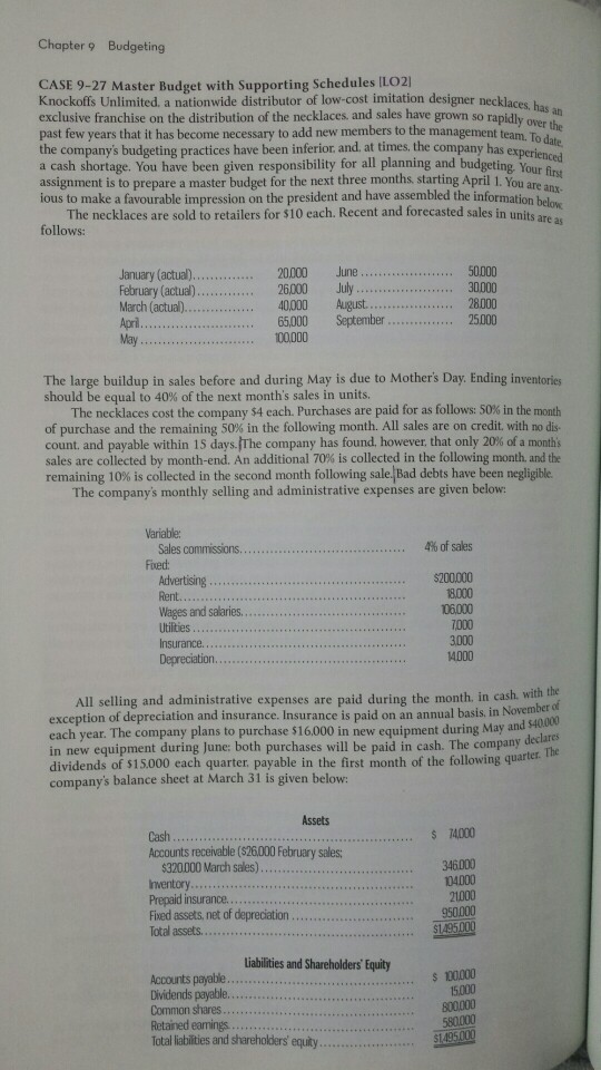 Required question 2-4 Chapter 9 Budgeting CASE 9-27 Master Budget with
