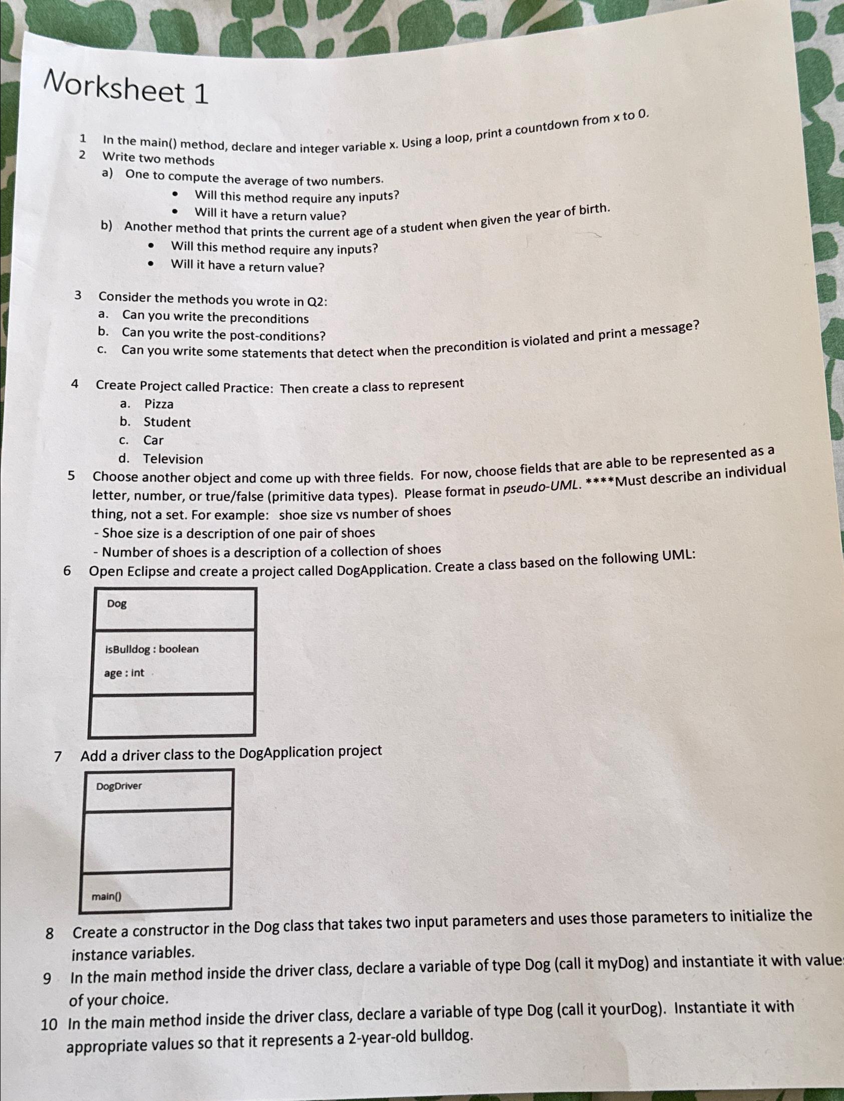  Norksheet 1 1 In the main() method, declare and integer variable