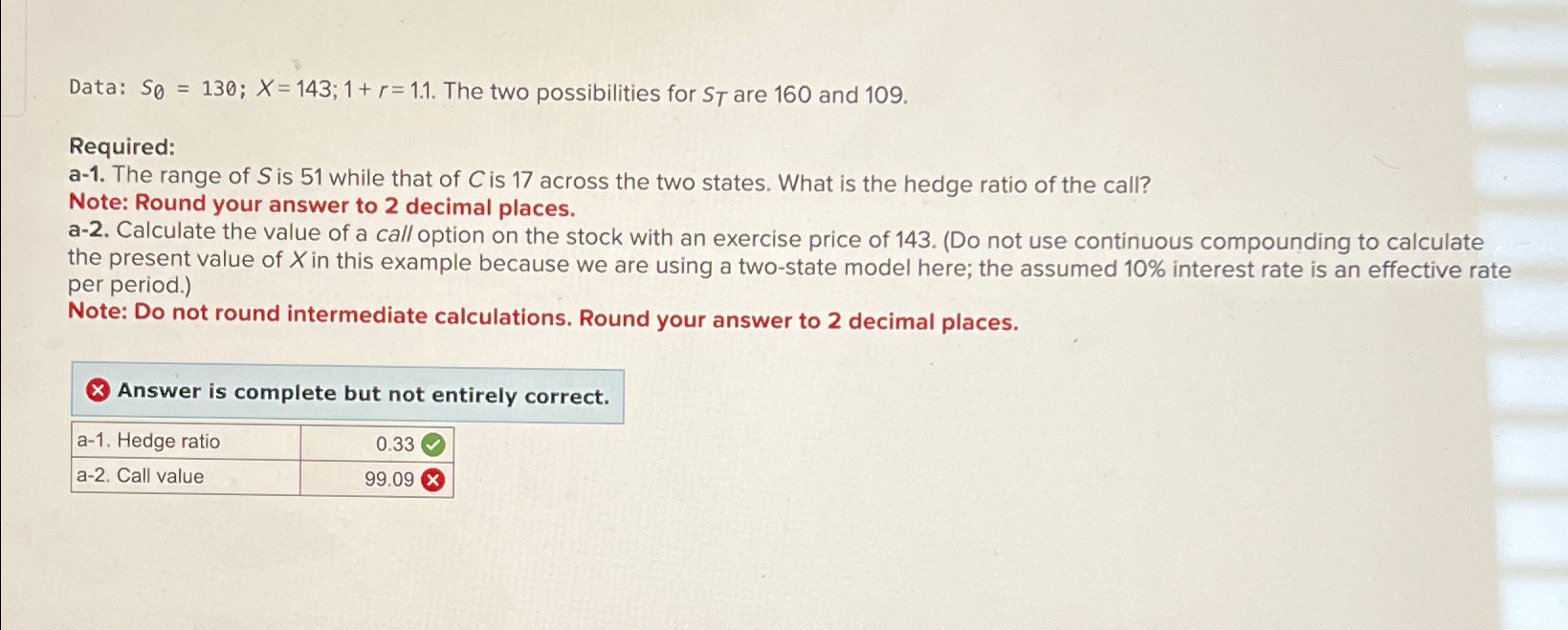  Data: S0=130;x=143;1+r=1.1. The two possibilities for ST are 160 and 109.