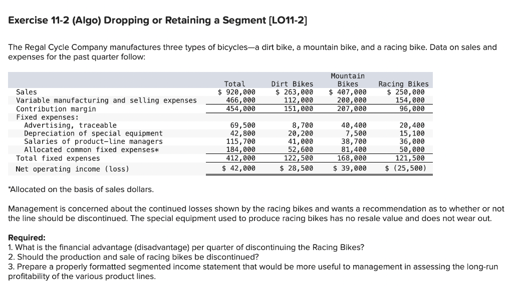  Exercise 11-2 (Algo) Dropping or Retaining a Segment [LO11-2] The Regal