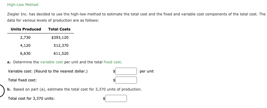 High-Low Method Ziegler Inc. has decided to use the high-low method