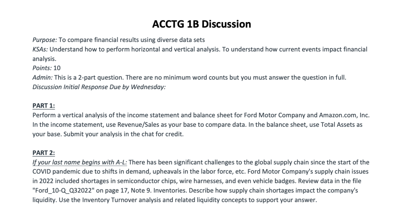  Purpose: To compare financial results using diverse data sets KSAs: Understand