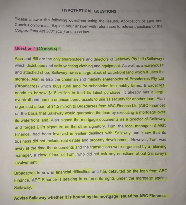  HYPOTHETICAL QUESTIONS Please answer the following questions using the Issues, Application