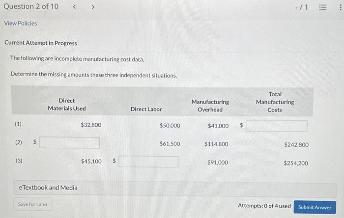  Current Attempt in Progress The following are incomplete manufacturing cost data.