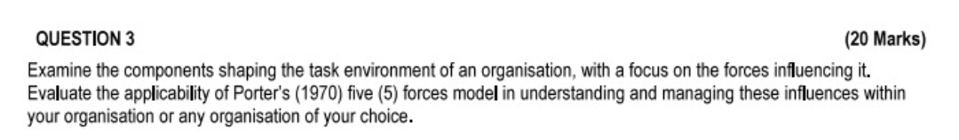  QUESTION 3 (20 Marks) Examine the components shaping the task environment