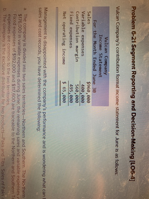  Problem 6-21 Segment Reporting and Decision-Making (L06-4] Vulcan Company's contribution format