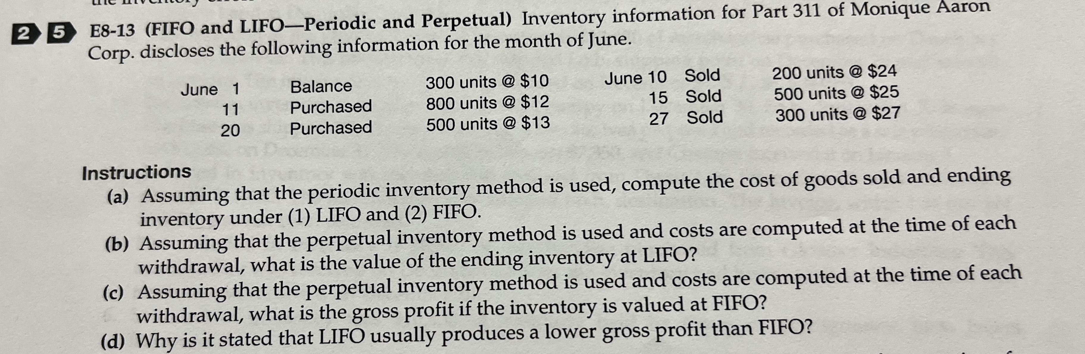  25 E8-13(FIFO and LIFO-Periodic and Perpetual) Inventory information for Part 311