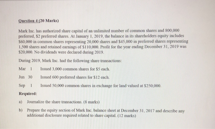  Question 4 (20 Marks) Mark Inc. has authorized share capital of