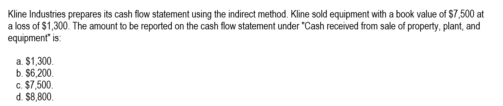Kline Industries prepares its cash flow statement using the indirect method.