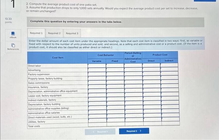 question. Required: 1. Enter the dollar amount of each cost item under