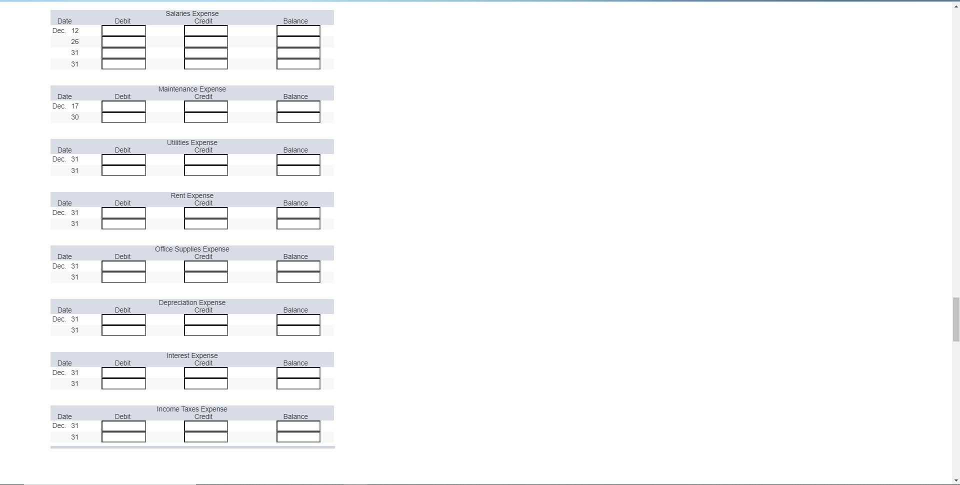 Expense Office Supplies Expense Depreciation Expense Interest Expense Income Taxes Expense Rent