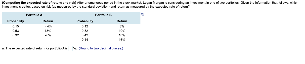 (Computing the expected rate of return and risk) After a tumultuous