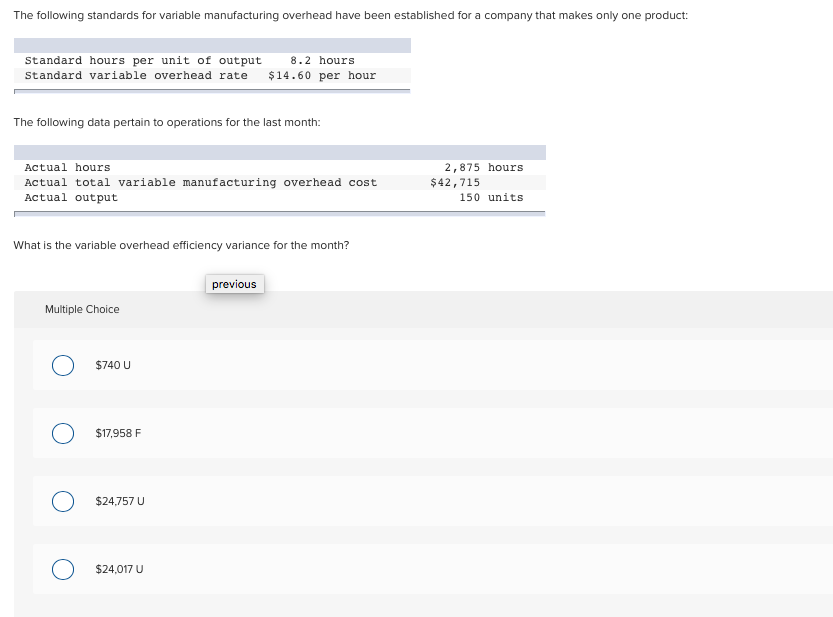 The following standards for variable manufacturing overhead have been established for