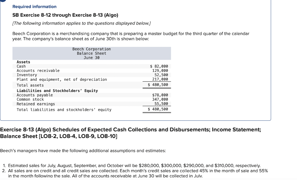  Required information SB Exercise 8-12 through Exercise 8-13 (Algo) [The following