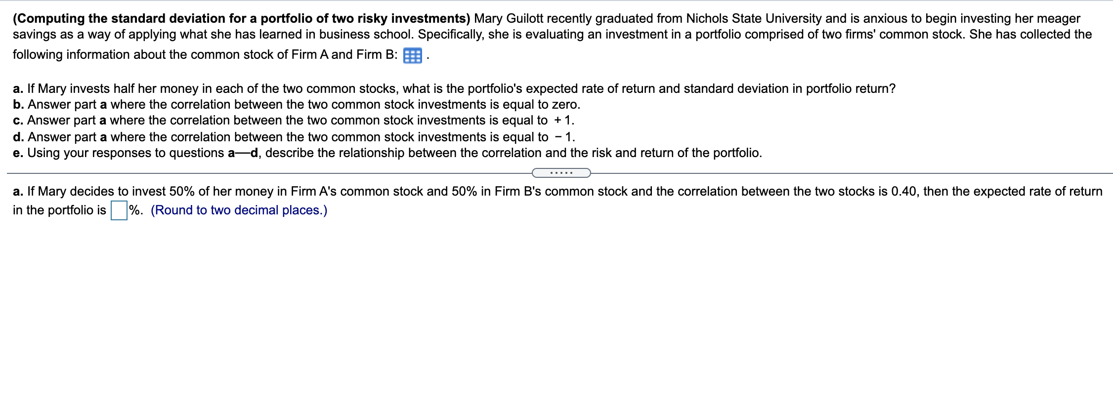 Deviation Firm A's common stock Firm B's common stock Correlation coefficient Expected
