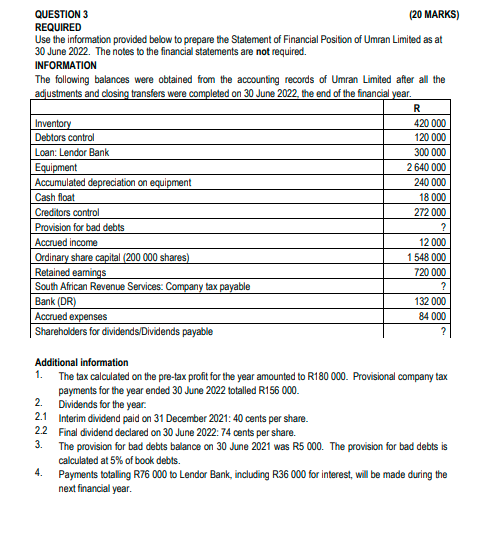 QUESTION 3 (20 MARKS) REQUIRED Use the information provided below to