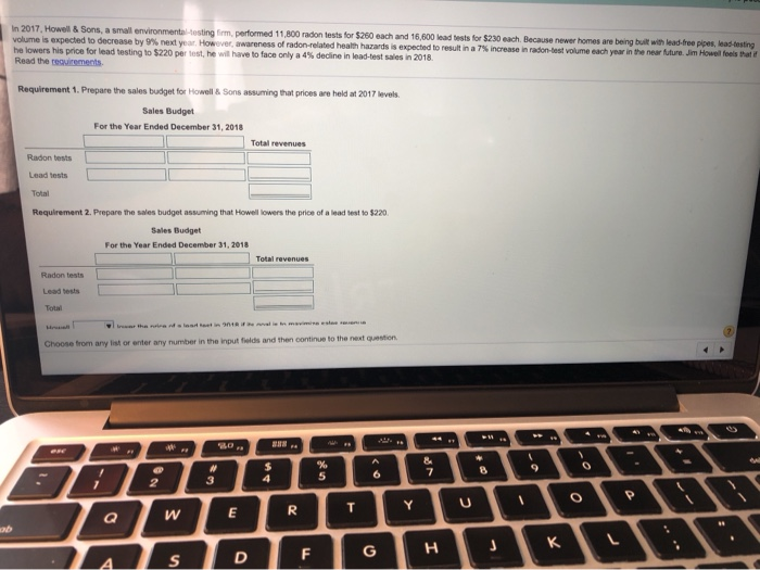 In 2017. Howell & Sons, a small environmental testing firm, performed
