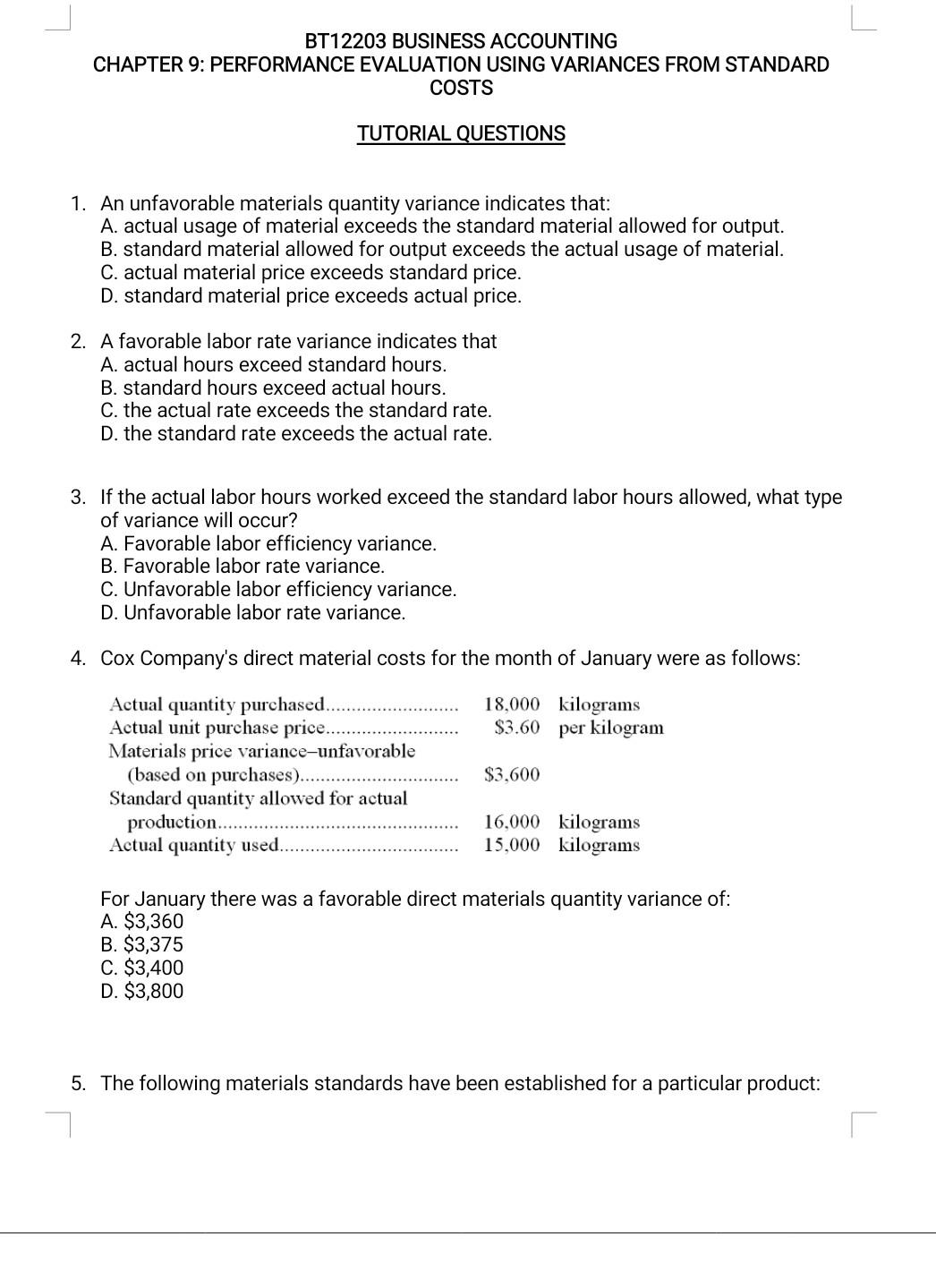 BT12203 BUSINESS ACCOUNTING CHAPTER 9: PERFORMANCE EVALUATION USING VARIANCES FROM STANDARD COSTS