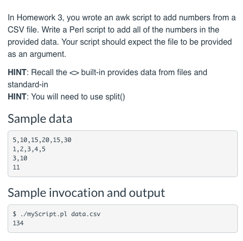  In Homework 3, you wrote an awk script to add numbers