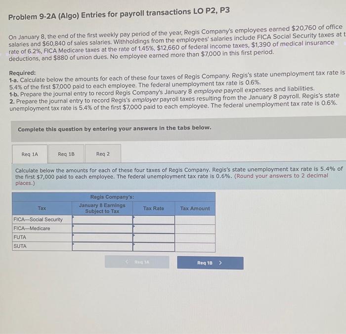  Problem 9-2A (Algo) Entries for payroll transactions LO P2, P3 On