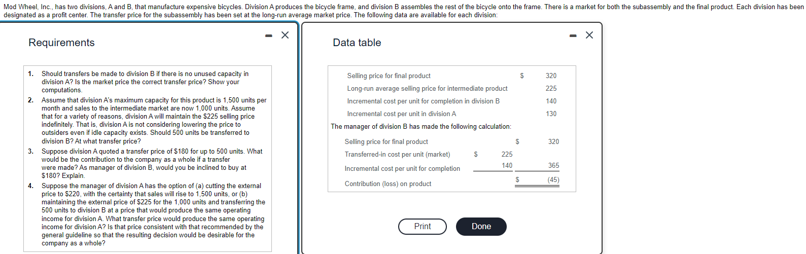 Requirements Data table 1. Should transfers be made to division B