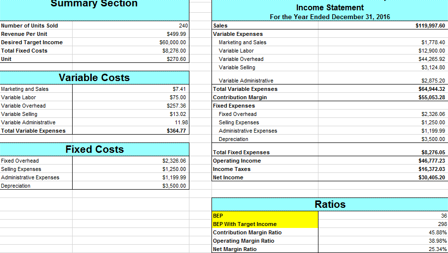 The case provides key ratios, income statement and fixed and variable