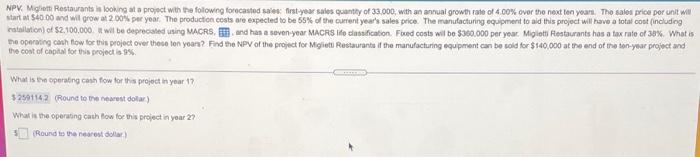 Please find the operating cash flow for this project for years 2-10