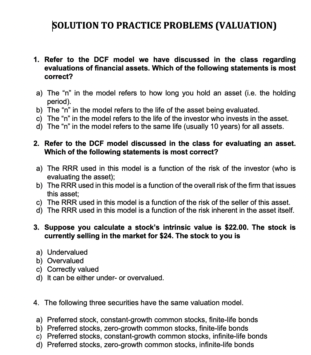  SOLUTION TO PRACTICE PROBLEMS (VALUATION) 1. Refer to the DCF model