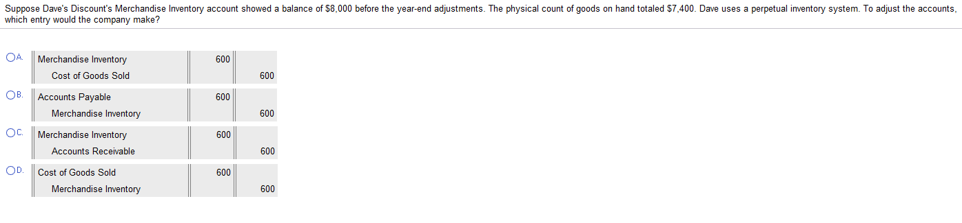 Choose correct answer and show all work. Suppose Dave's Discount's Merchandise Inventory