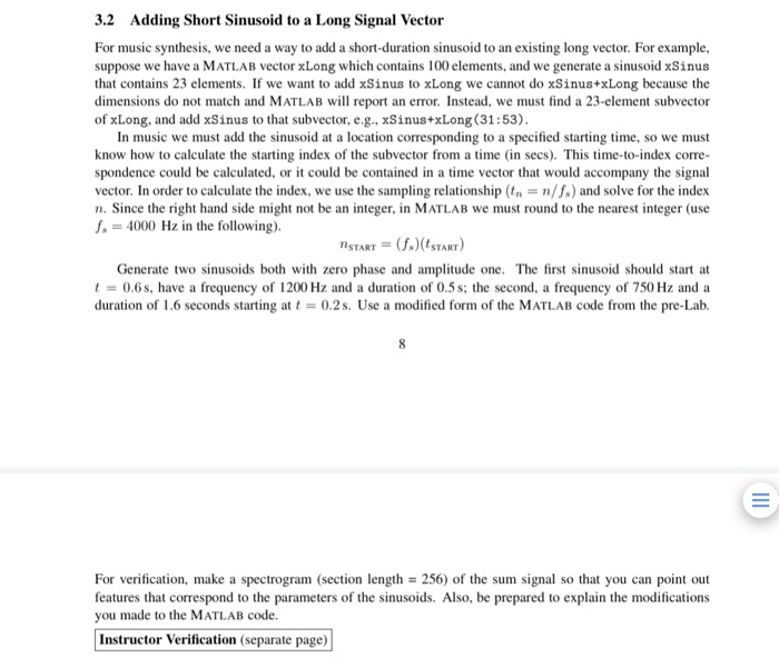 MATLAB 3.2 Adding Short Sinusoid to a Long Signal Vector For