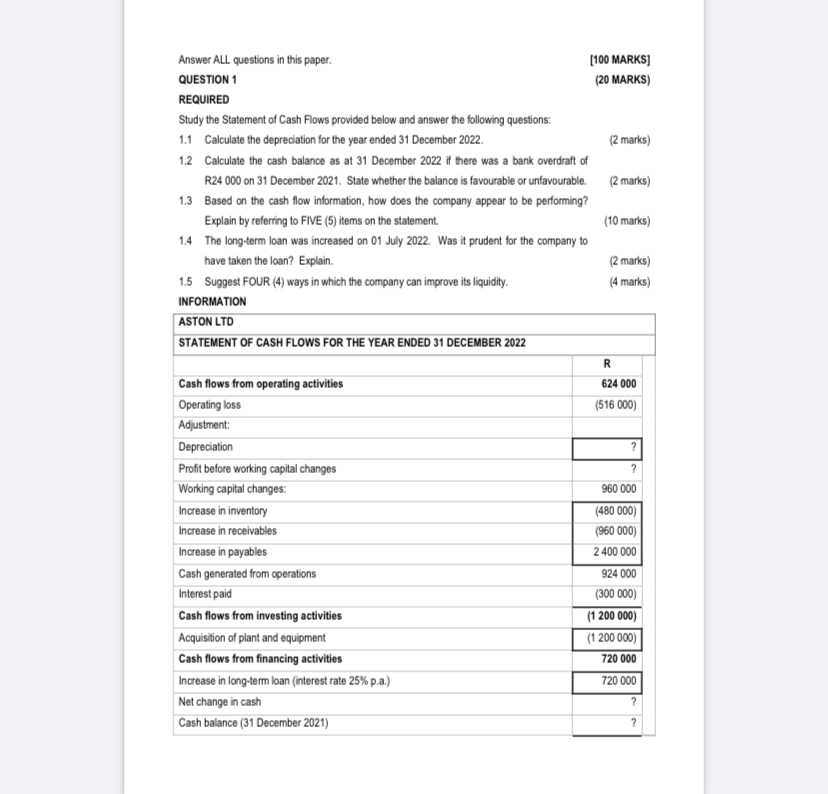  Answer ALL questions in this paper. [100 MARKS] QUESTION 1 (20
