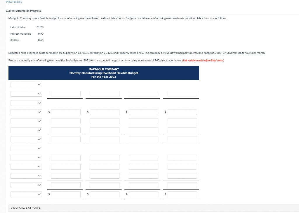  Current Attempt in Progress Marigold Company uses a flexible budget for