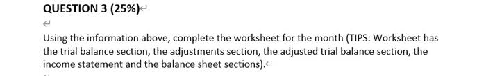  Using the information above, complete the worksheet for the month (TIPS: