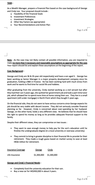 As a Wealth Manager, prepare a Financial Plan based on the case